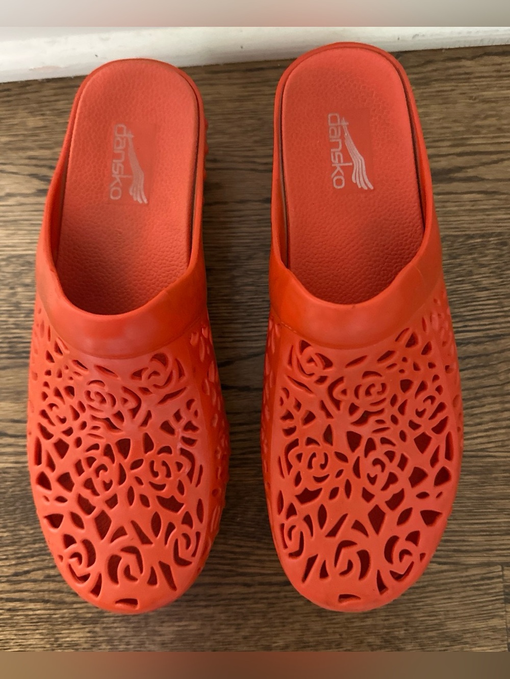 Dansko Red/Orange Floral Cutout Clogs